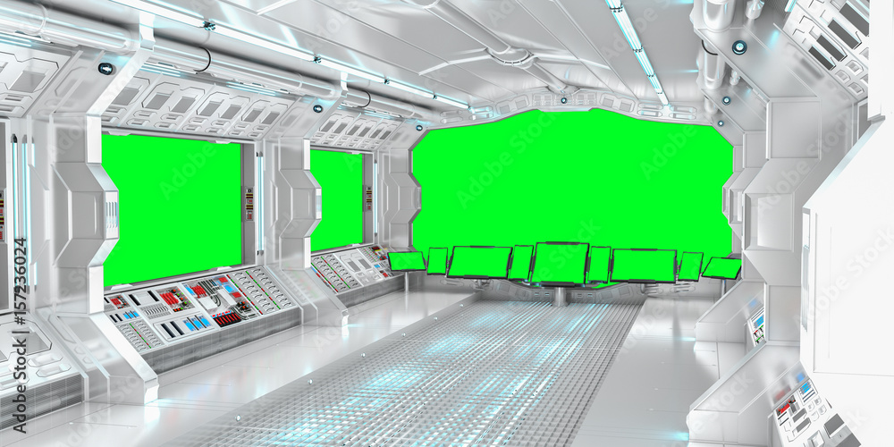 绿色窗户上的太空船内部3D渲染