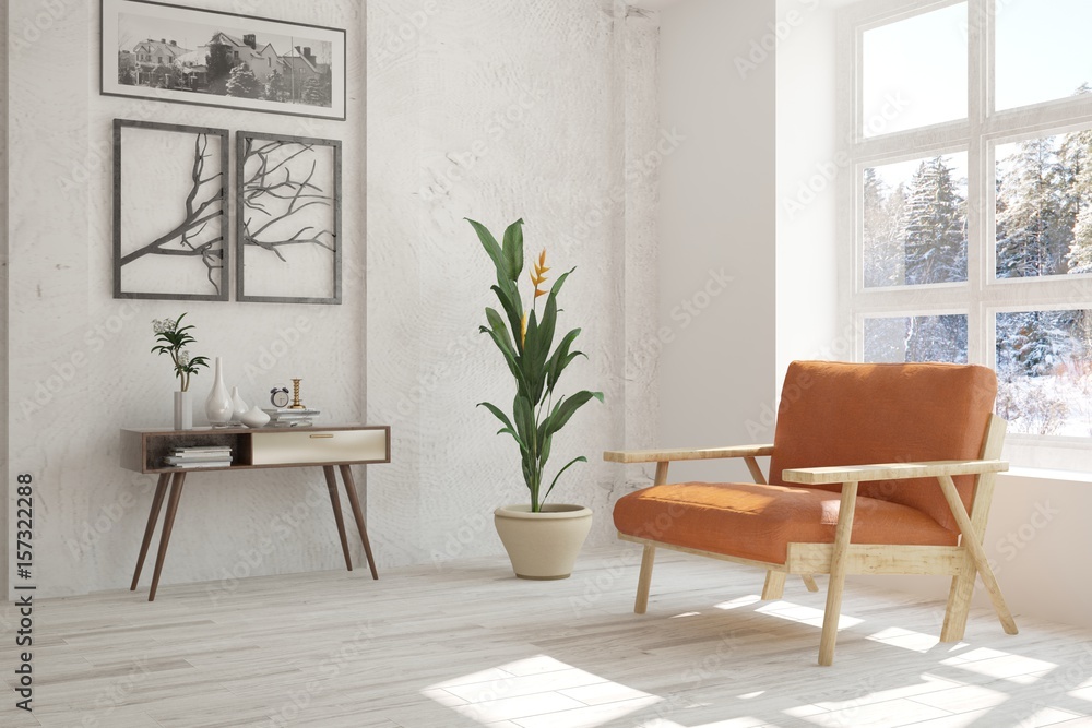 白色房间，扶手椅和窗户里的冬季景观。斯堪的纳维亚室内设计。3D插图