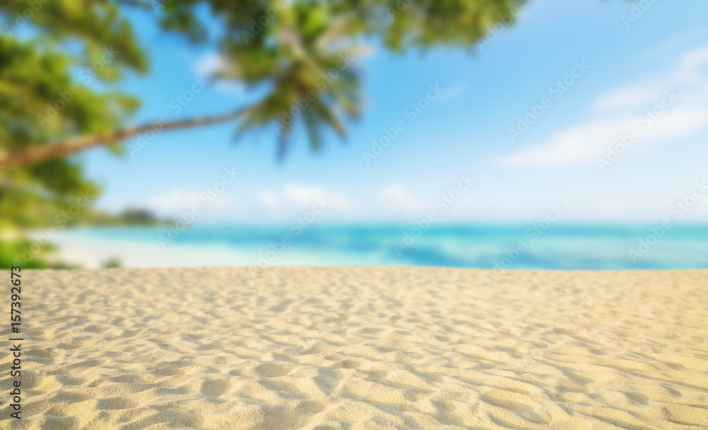 带沙滩的热带海滩，以避暑为背景。