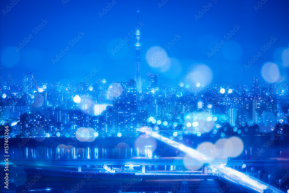 东京城市夜晚背景与模糊的Bokeh灯光