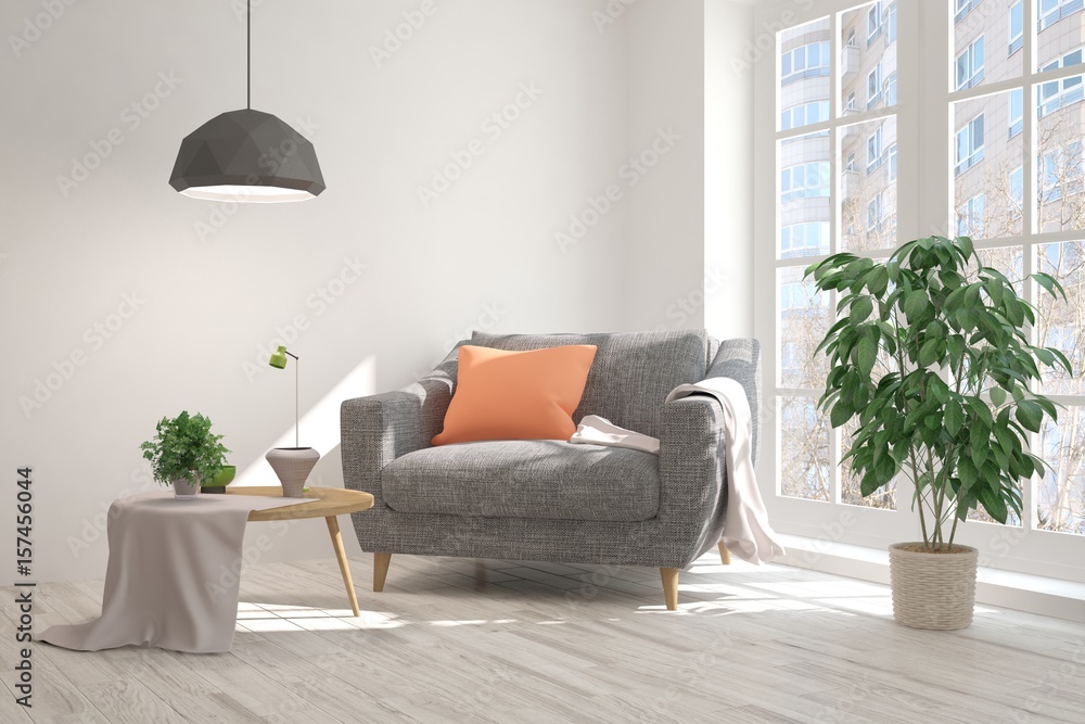 White room with armchair and urban landscape in window. Scandinavian interior design. 3D illustratio