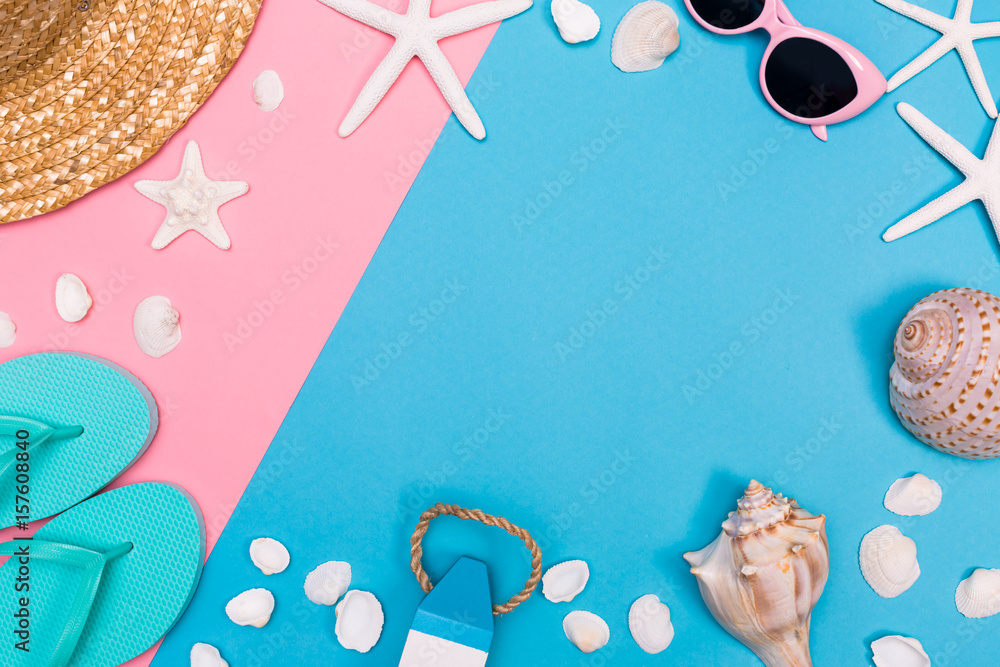 Summer and beach objects theme on a vibrant background