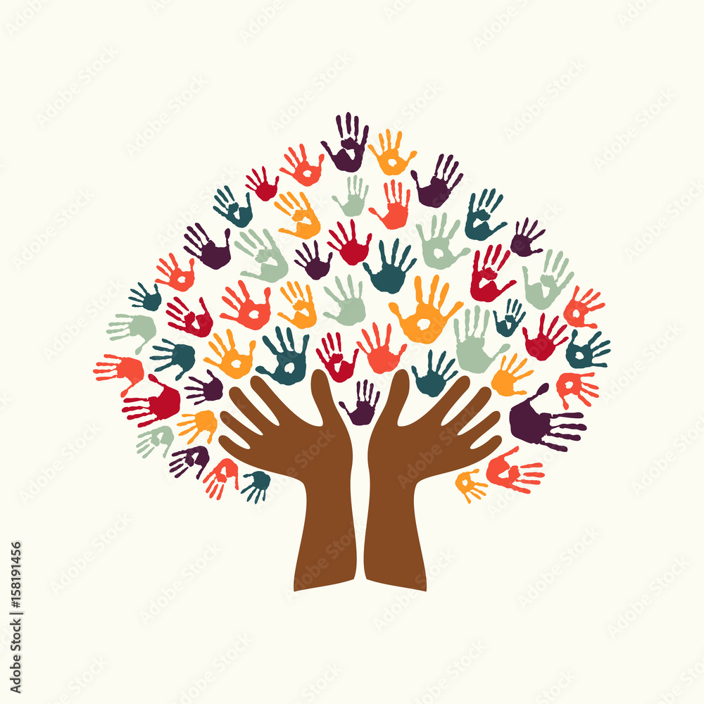 Hand print ethnic tree symbol of culture diversity