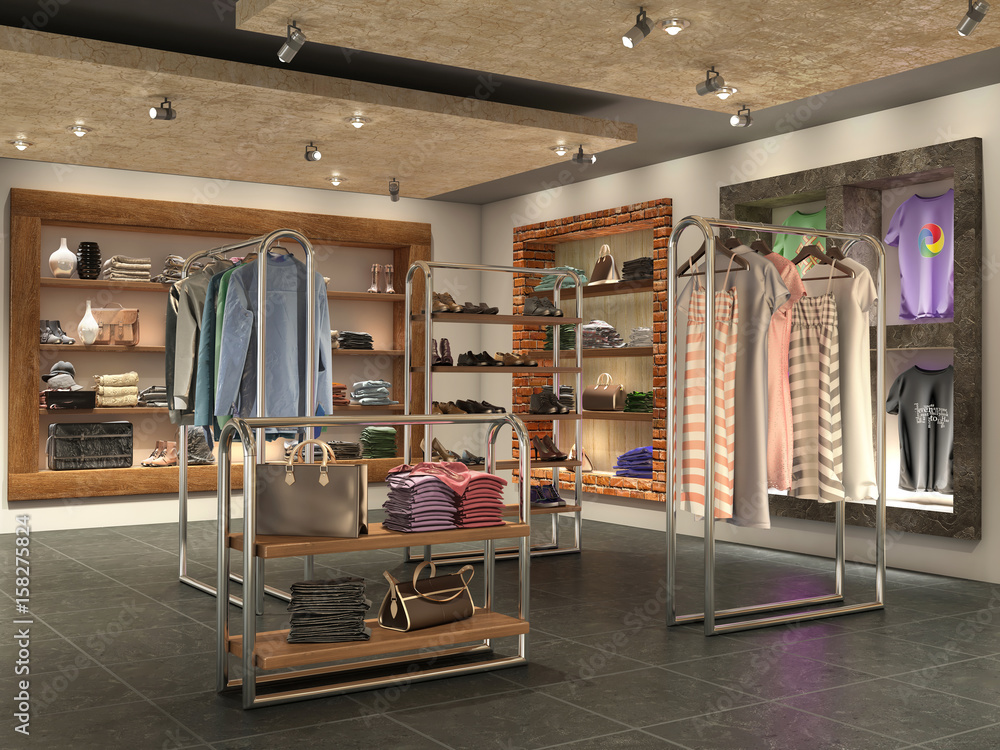 modern store interior with clothes, 3d illustration