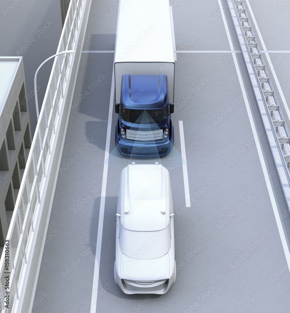 商用卡车的自动制动系统概念。3D渲染图像。