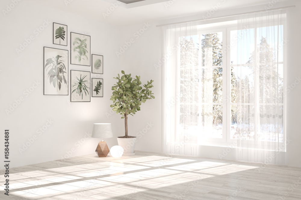 白色空房间，窗户里有冬季景观。斯堪的纳维亚室内设计。3D插图