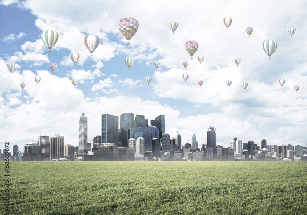 Concept of eco green life with aerostats flying above city