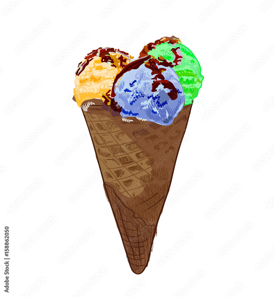 冰淇淋勺装在华夫饼蛋卷里。白色、橙色、蓝色和绿色冰块上的彩色插图