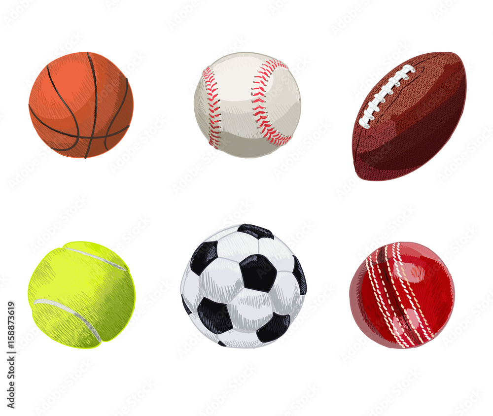 运动球套装。手绘VECTOR插图。篮球、棒球、橄榄球、网球，s