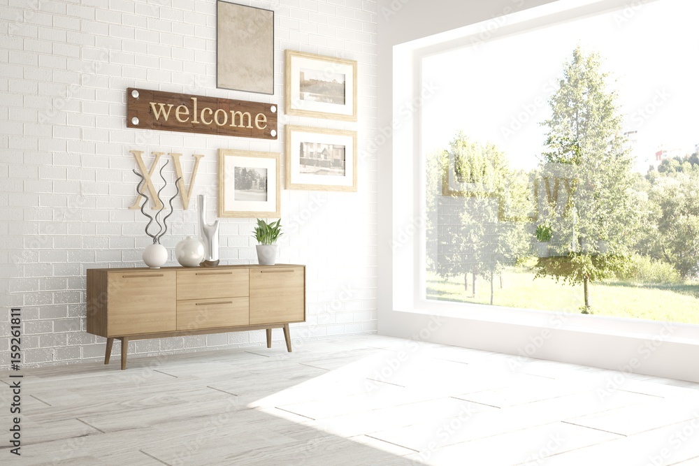 White room with shelf and green landscape in window. Scandinavian interior design. 3D illustration