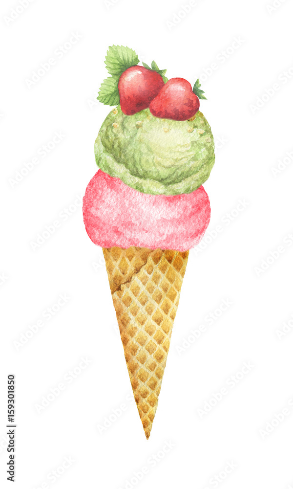 Watercolor waffle cone with pistachio ice cream and fruit decorated with strawberries.
