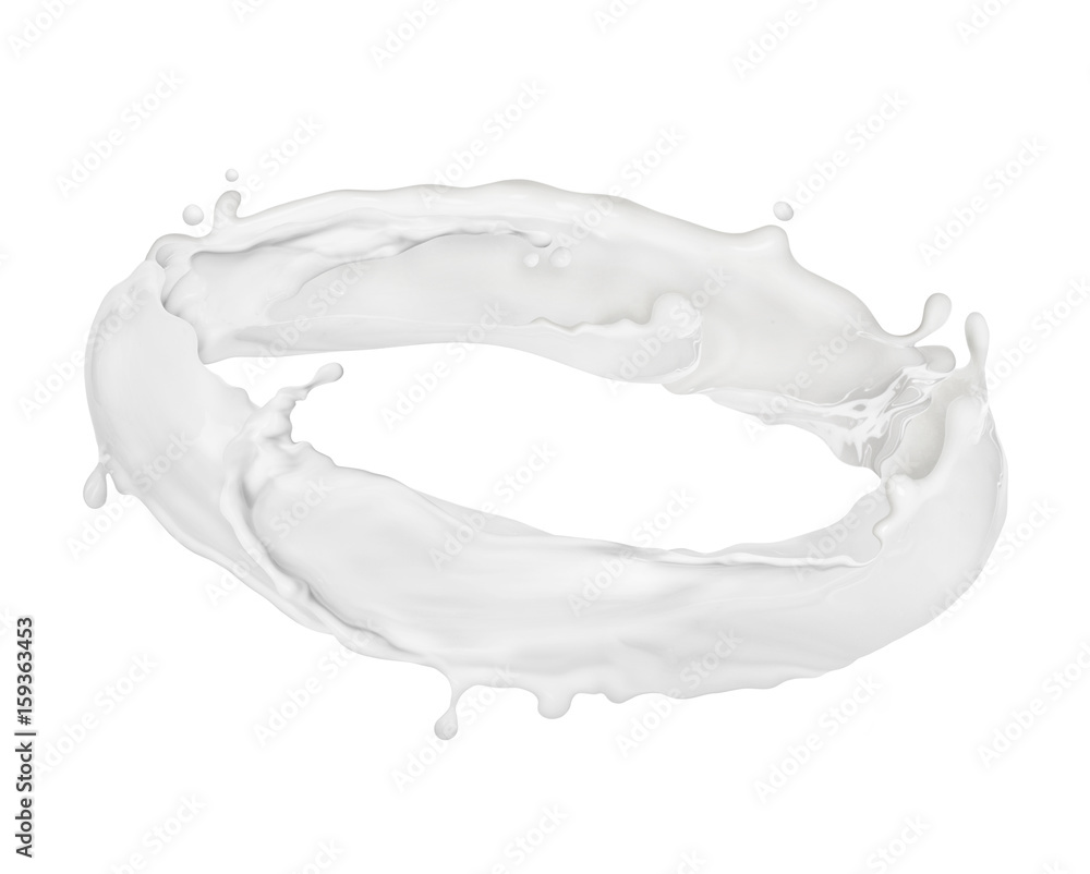 飞溅的牛奶在白色背景上旋转成一个圆圈