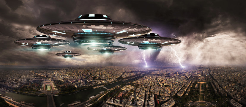UFO invasionover planet earth city 3D rendering