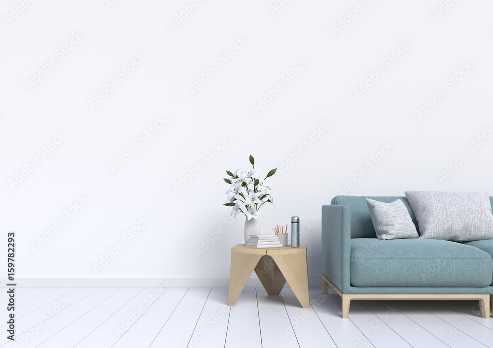 客厅内墙实体模型，白色背景灰色织物沙发和枕头，3d渲染