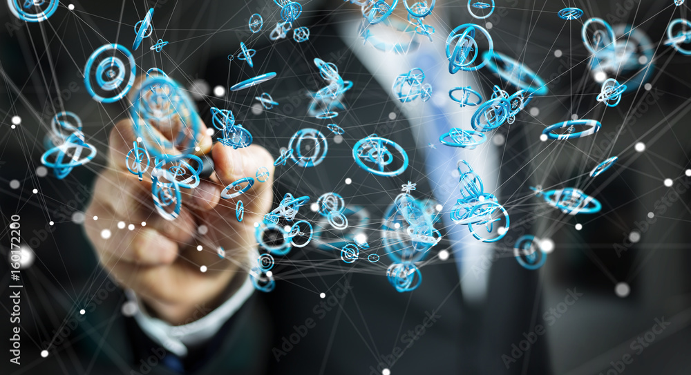 Businessman using flying network connection interface 3D rendering