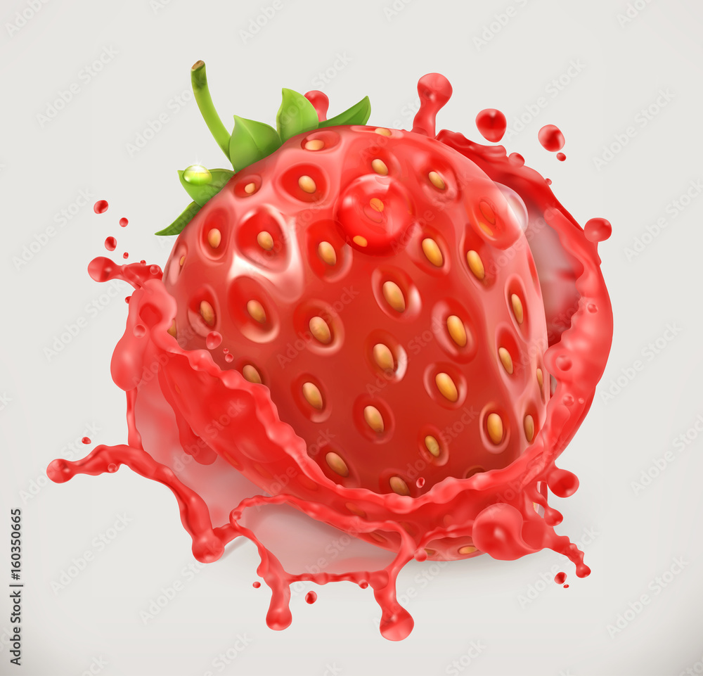 草莓汁。新鲜水果，三维矢量图标