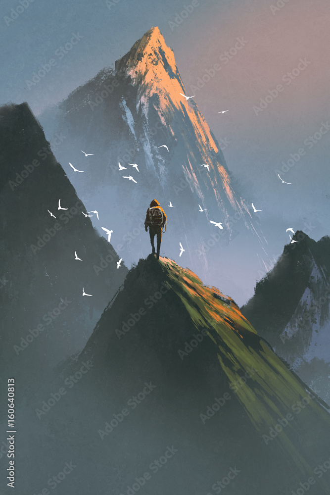 一个人站在山顶看着其他山，有数字艺术风格，插图痛苦