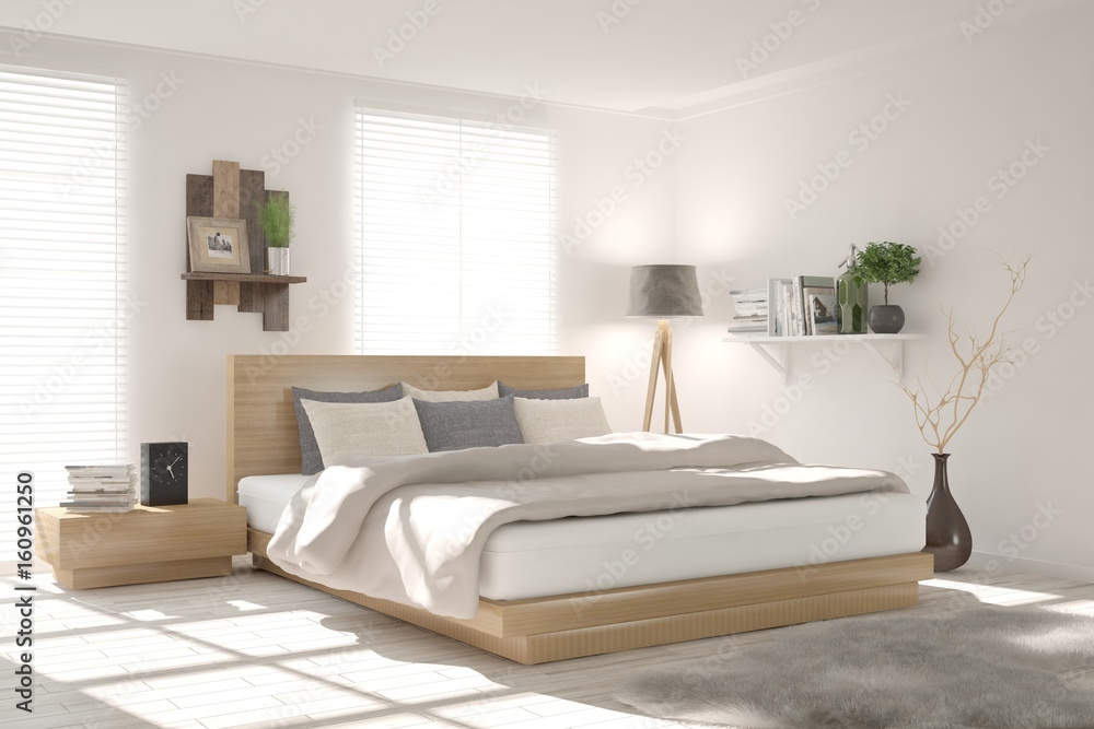 白色现代卧室。斯堪的纳维亚室内设计。3D插图