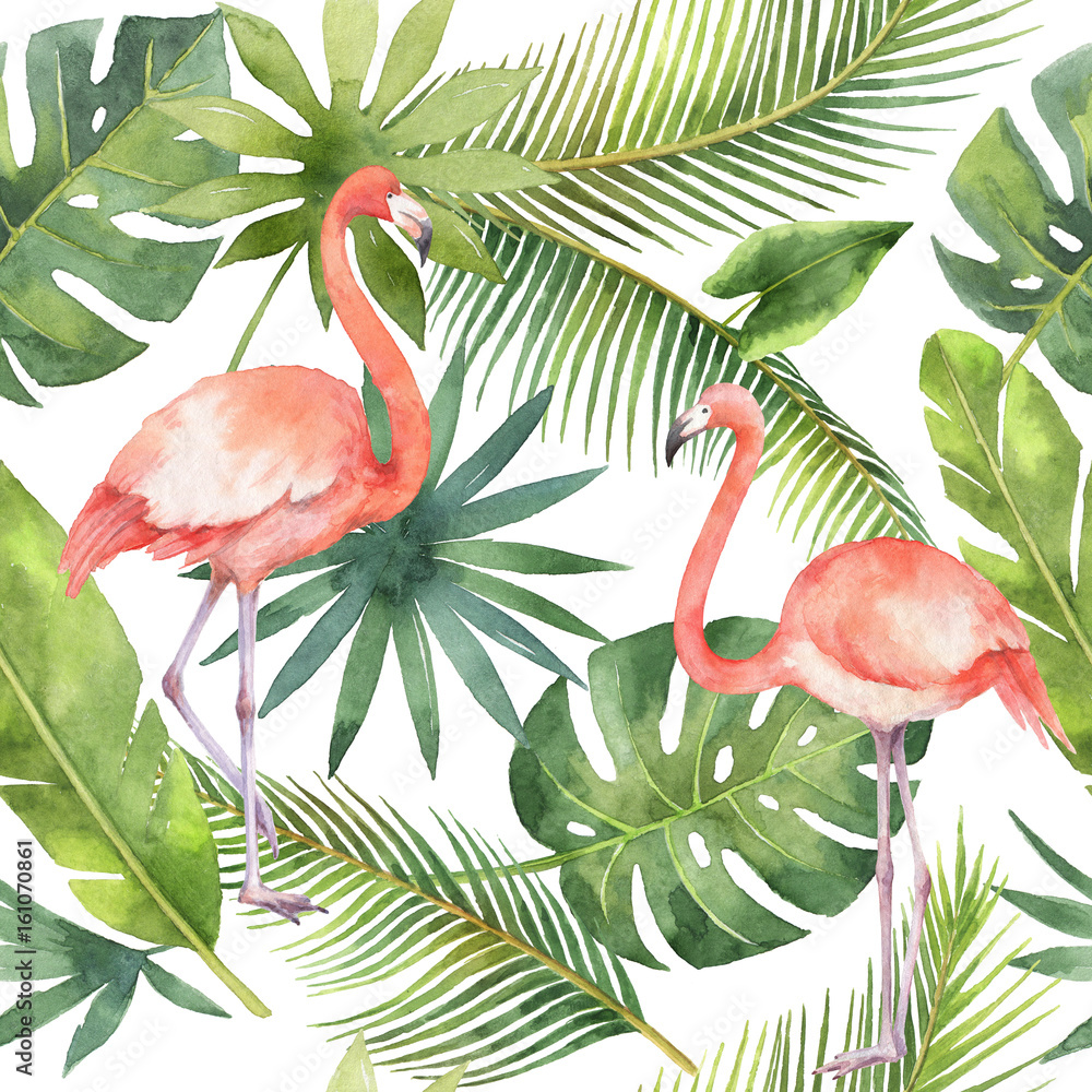 火烈鸟和棕榈树的水彩画无缝图案，在白色背景上隔离。