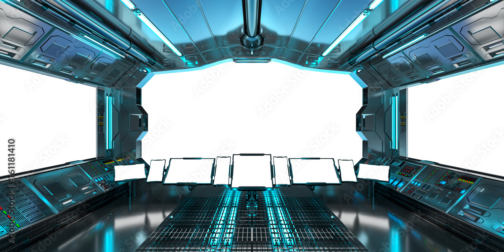 太空船内部，白色窗户3D渲染