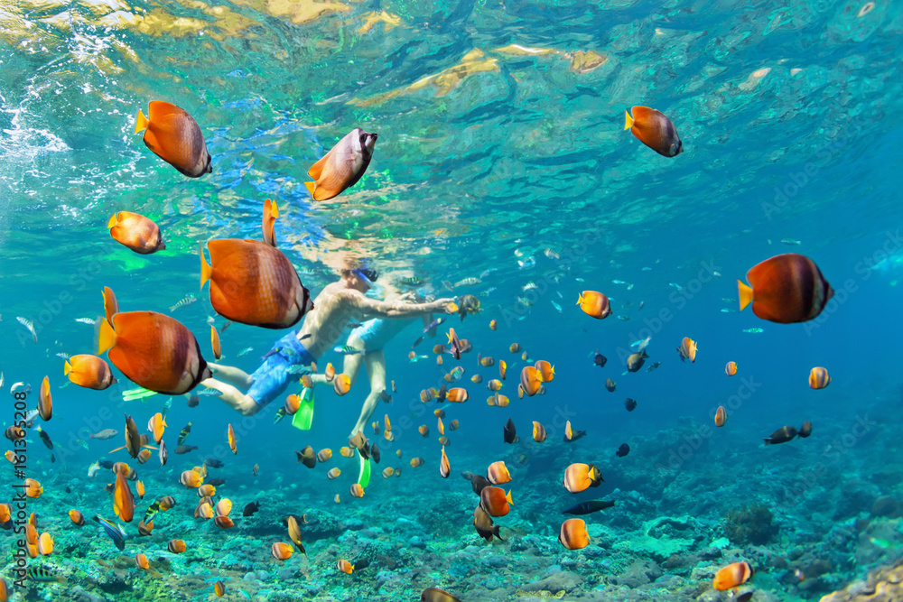 幸福的家庭-戴着浮潜面具的夫妇与热带鱼一起在珊瑚礁深处潜水