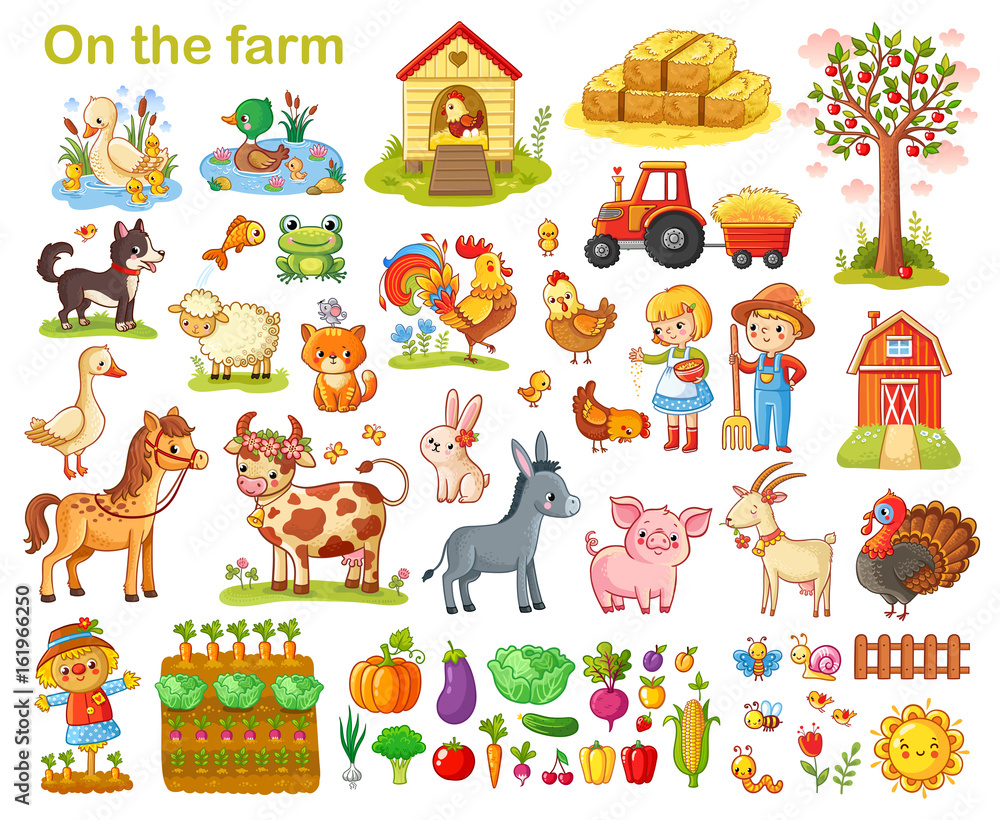 白色背景上有动物、宠物、牲畜和蔬菜的农场。年轻的农民和农场