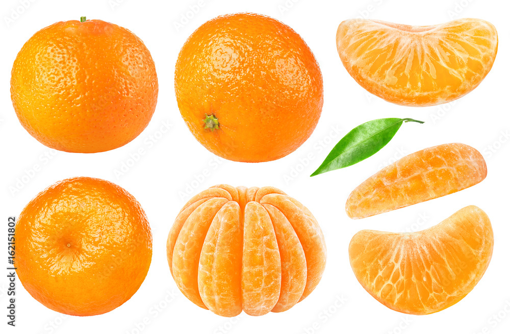 Isolated citrus collection. Whole tangerines or mandarin orange fruits and peeled segments isolated 