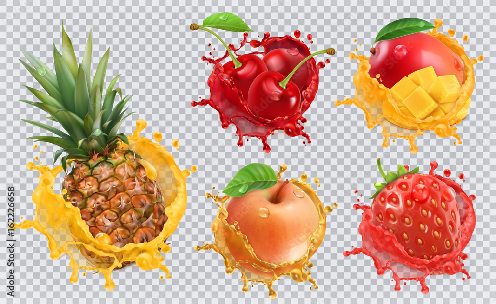 菠萝、草莓、苹果、樱桃、芒果汁。新鲜水果和飞溅物，三维矢量图标集
