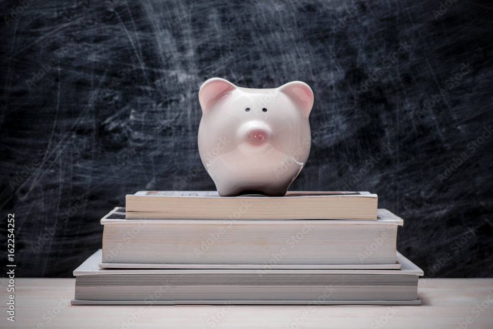 教育金融储蓄。粉红色的小猪银行在有黑板的书上。