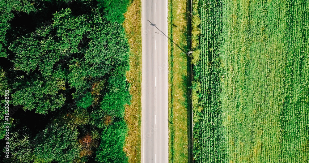 无人机俯瞰路边有森林和农田的道路