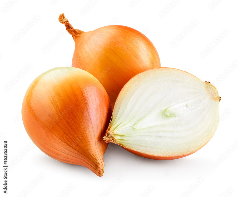 Fresh onion bulbs isolated on white background. With clipping path. Full depth of field.