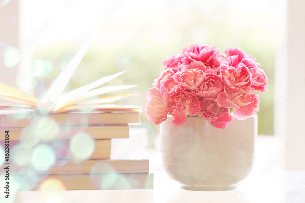 书籍背景的鲜粉色康乃馨花