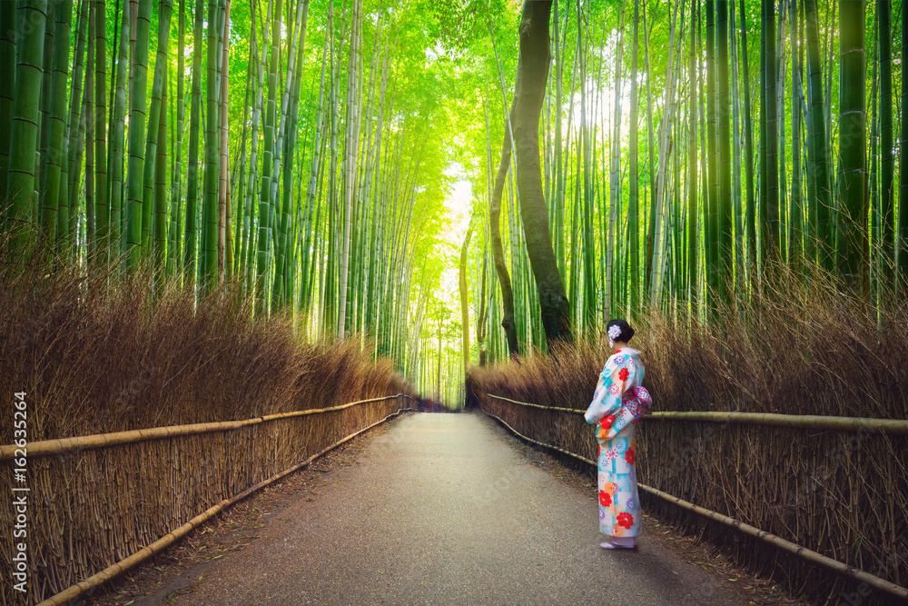 Woman in kimono at bamboo forest of Arashiyama near Kyoto, Japan