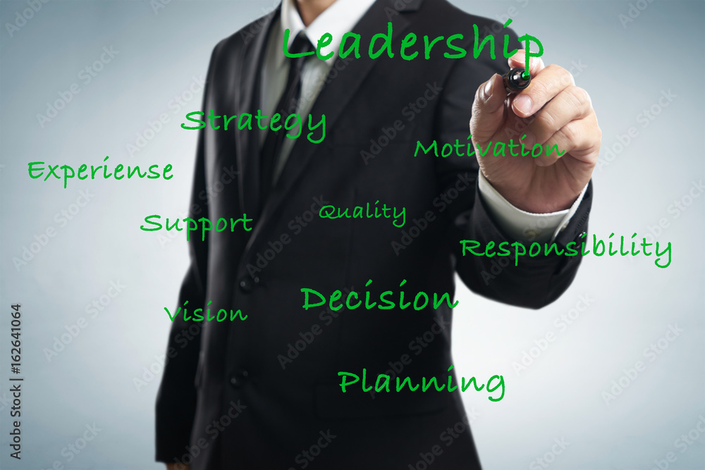Businessman writing leadership skill concept on trasparent screen .