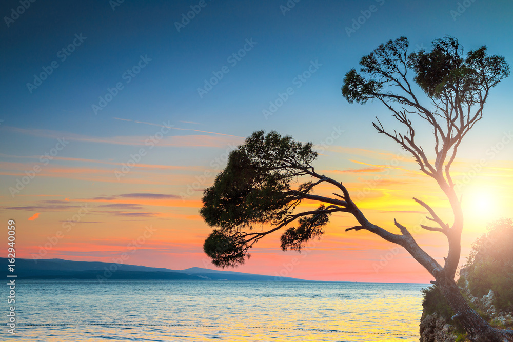 日落时的雄伟岩石岛，布雷拉，马卡尔斯卡里维埃拉，达尔马提亚，克罗地亚