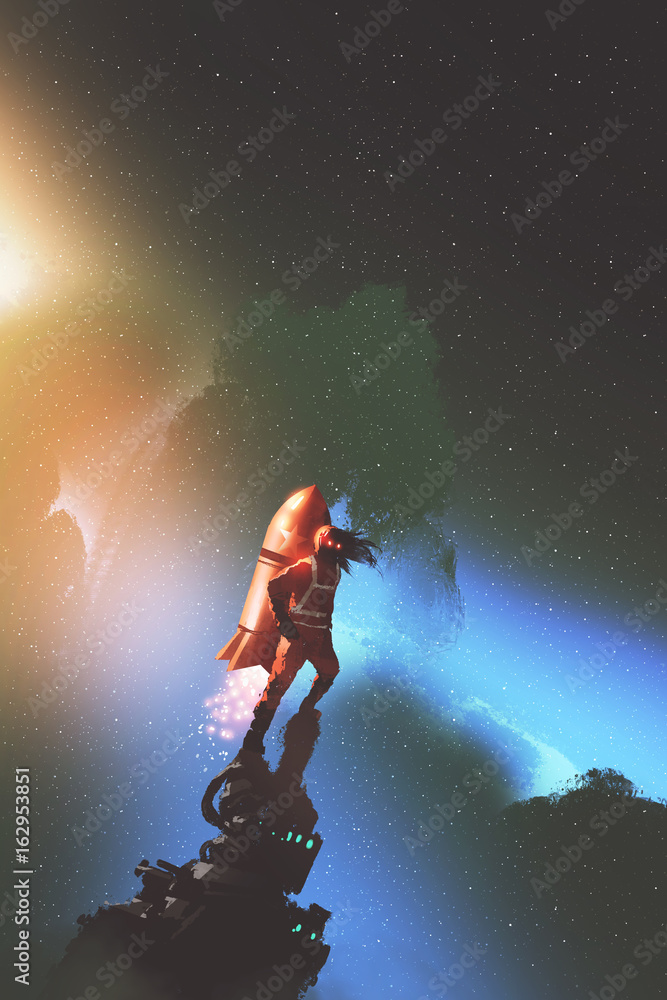 带着红色喷气背包火箭的太空人站在星空下，数字艺术风格，插图pa