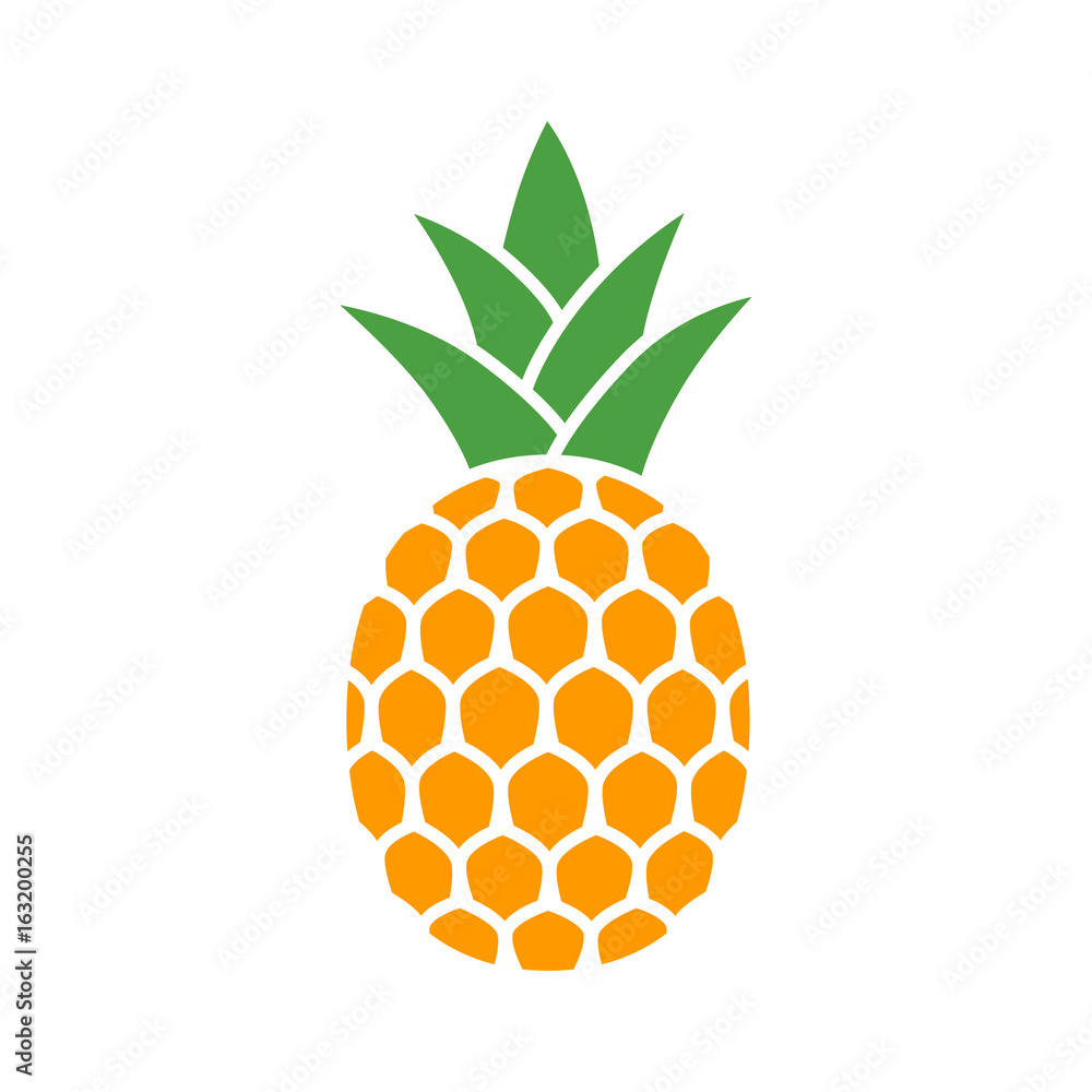 菠萝热带水果，叶子扁平，用于食品应用程序和网站的颜色矢量图标