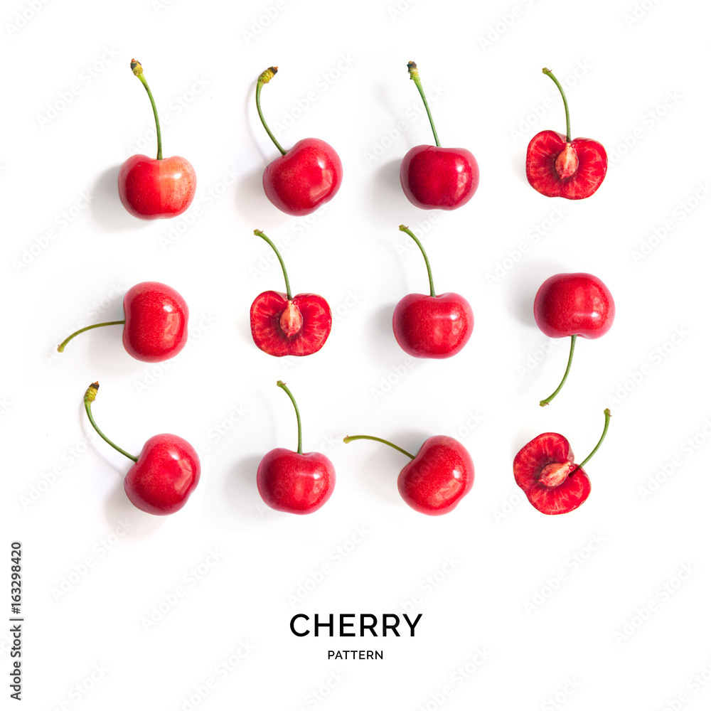Seamless pattern with cherry. Tropical abstract background. Cherry on the white background.