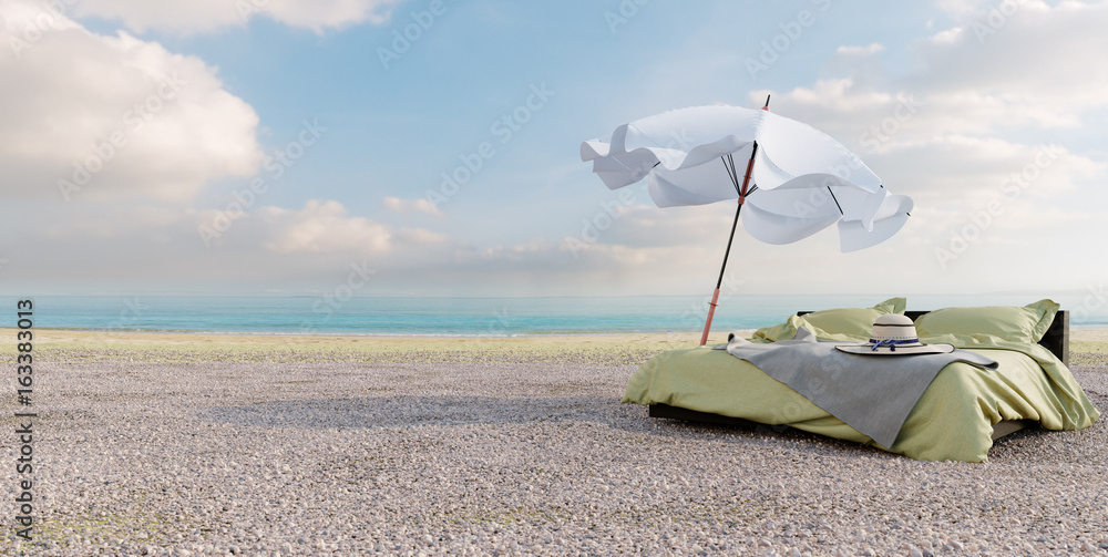 海滩休息室-海景带伞床，度假和夏季概念照片