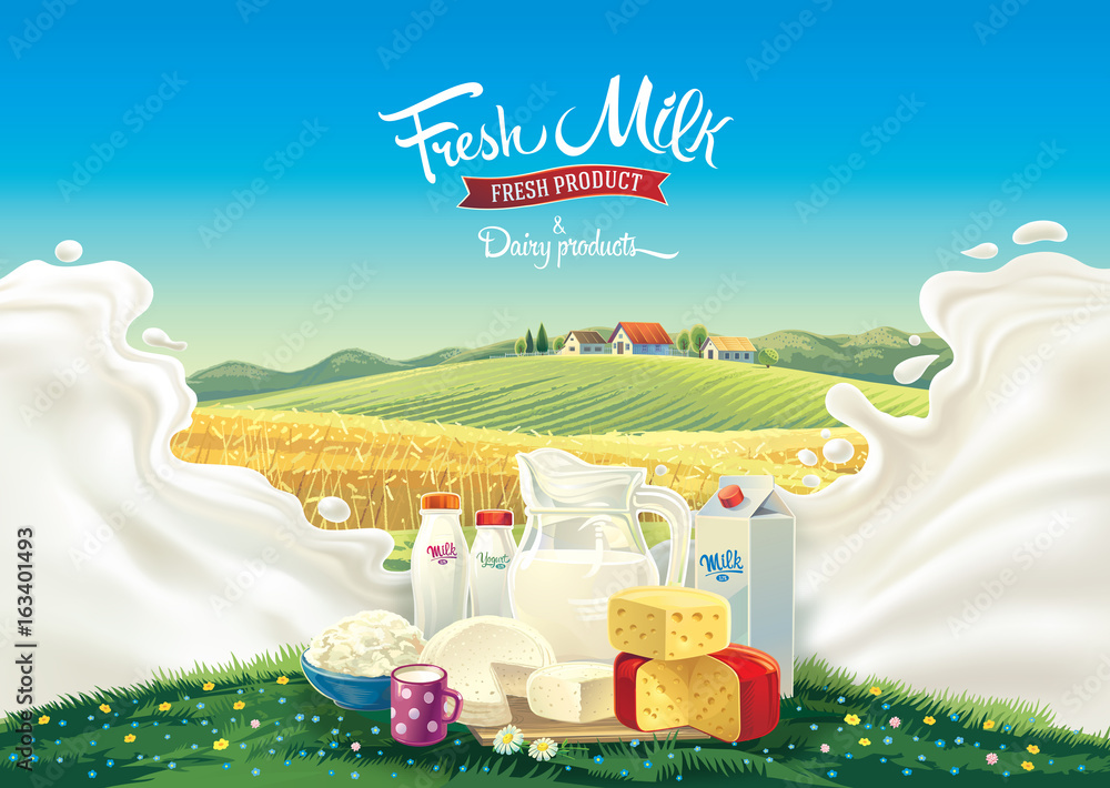 A composition from a set of dairy products, a landscape and splash from milk, and label inscriptions