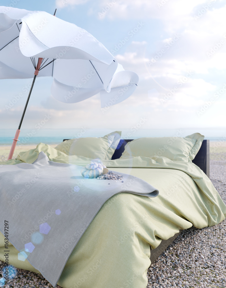 海滩休息室-带伞和贝壳的床度假和夏季概念照片