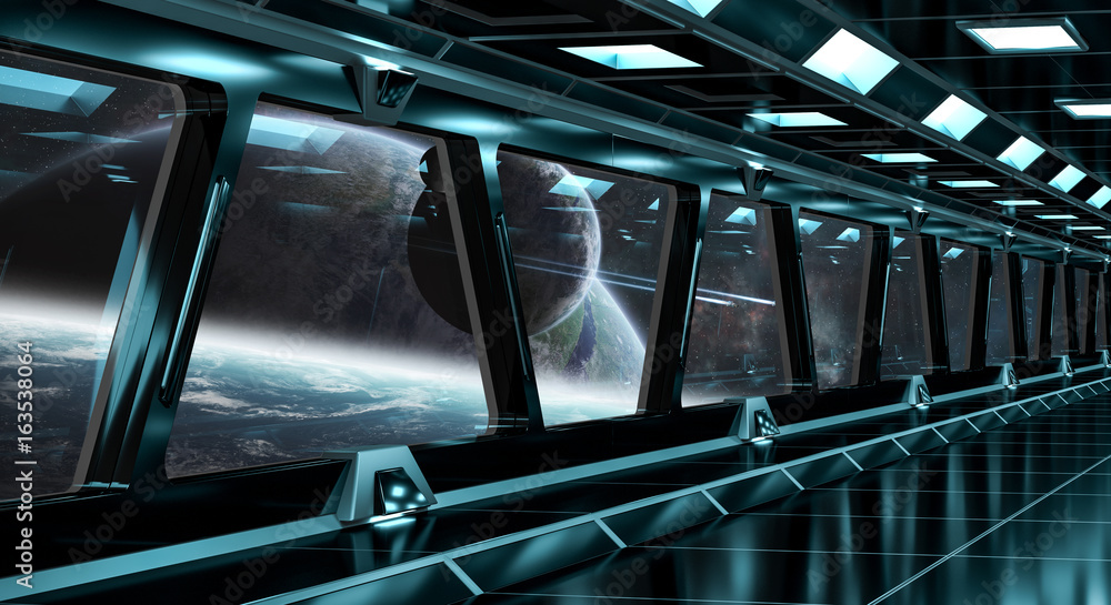 Spaceship corridor with view on distant planets system 3D rendering elements of this image furnished
