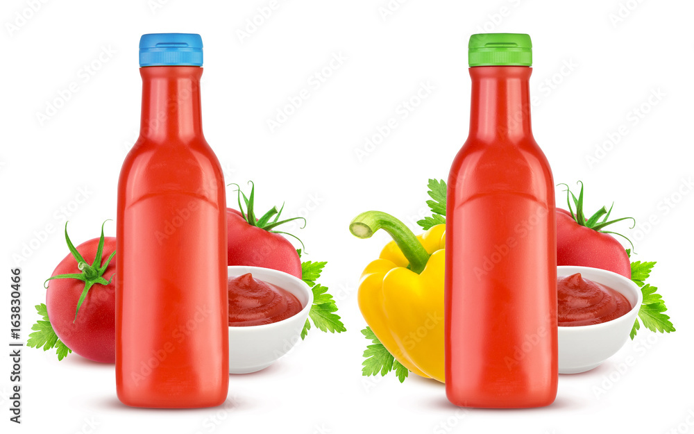 番茄酱瓶子在白色背景下分离，4种元素中的2种