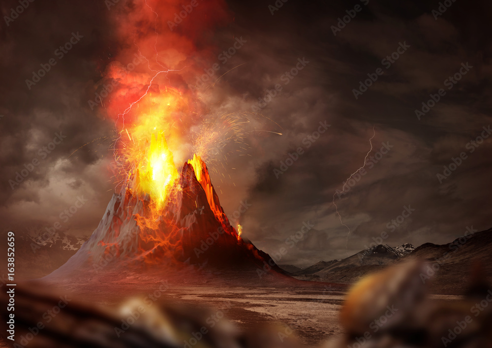 Massive Volcano Eruption. A large volcano erupting hot lava and gases into the atmosphere. 3D Illust