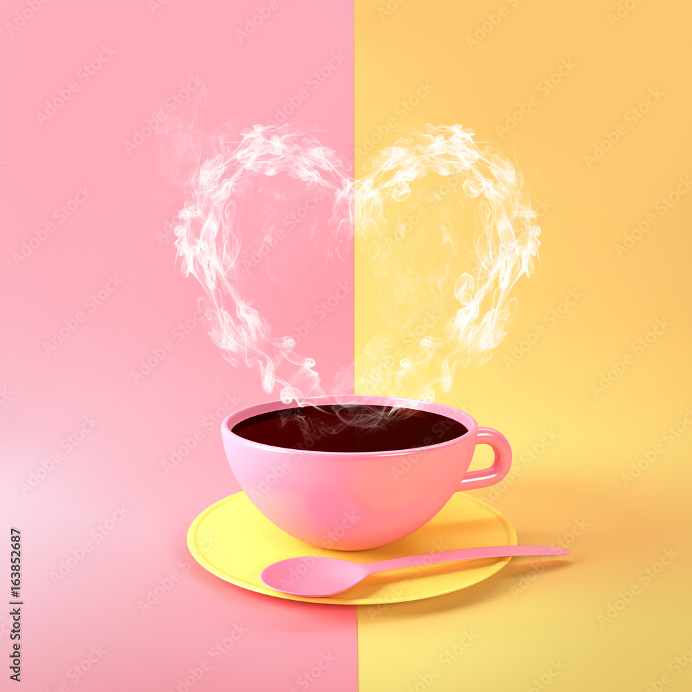 爱咖啡。从一杯淡粉色和黄色的热咖啡中冒出心形蒸汽。3D插图