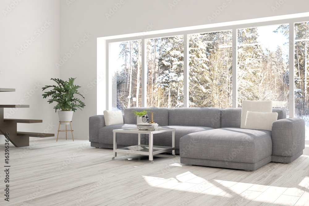 带沙发和窗户的白色房间。斯堪的纳维亚室内设计。3D插图