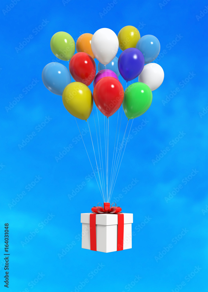 Balloons with gift box on  the blue sky background. 3D illustration