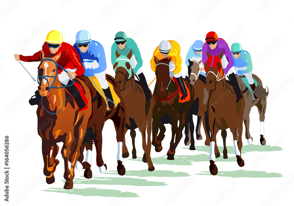 Rennpferde mit Jockeys auf der Rennbahn