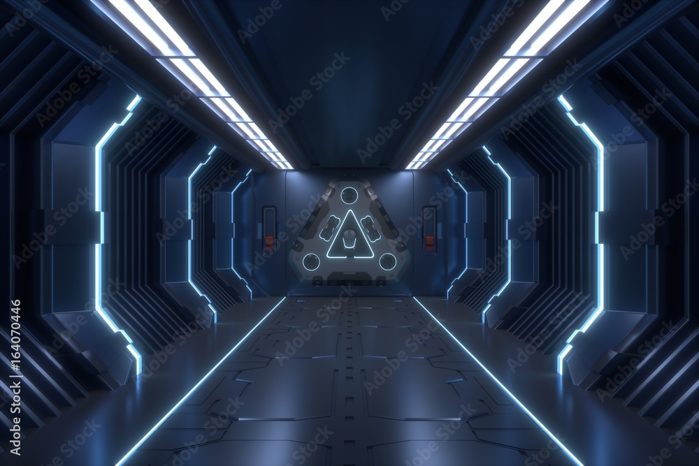 科幻背景小说室内渲染走廊和蓝光，3D渲染