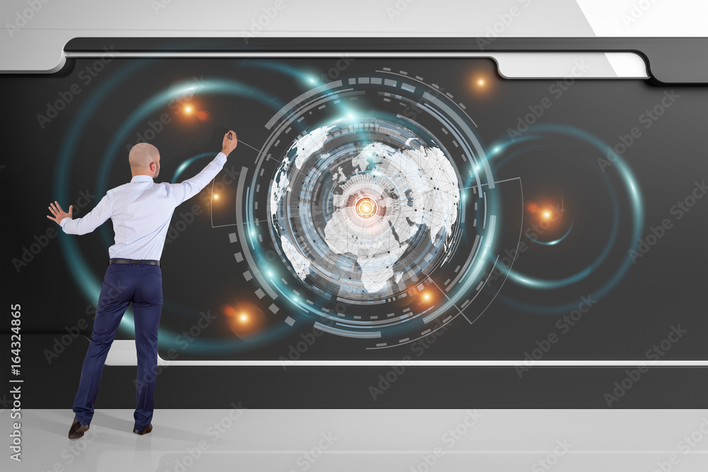Businessman using digital planet earth interface on a board 3D rendering